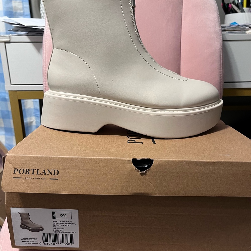 Cream Heeled Boots with Chunky Platform Sole